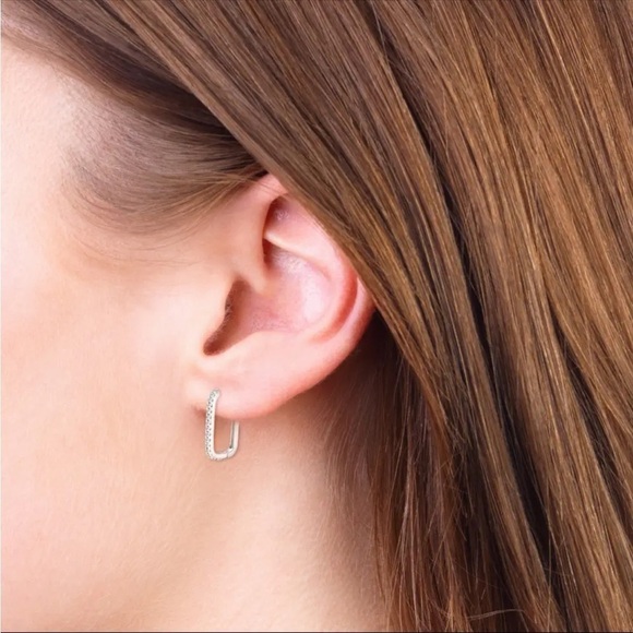 1.8mm D VVS1 Moissanite Paperclip 18K Silver Hoop Earrings NEW - Picture 3 of 9